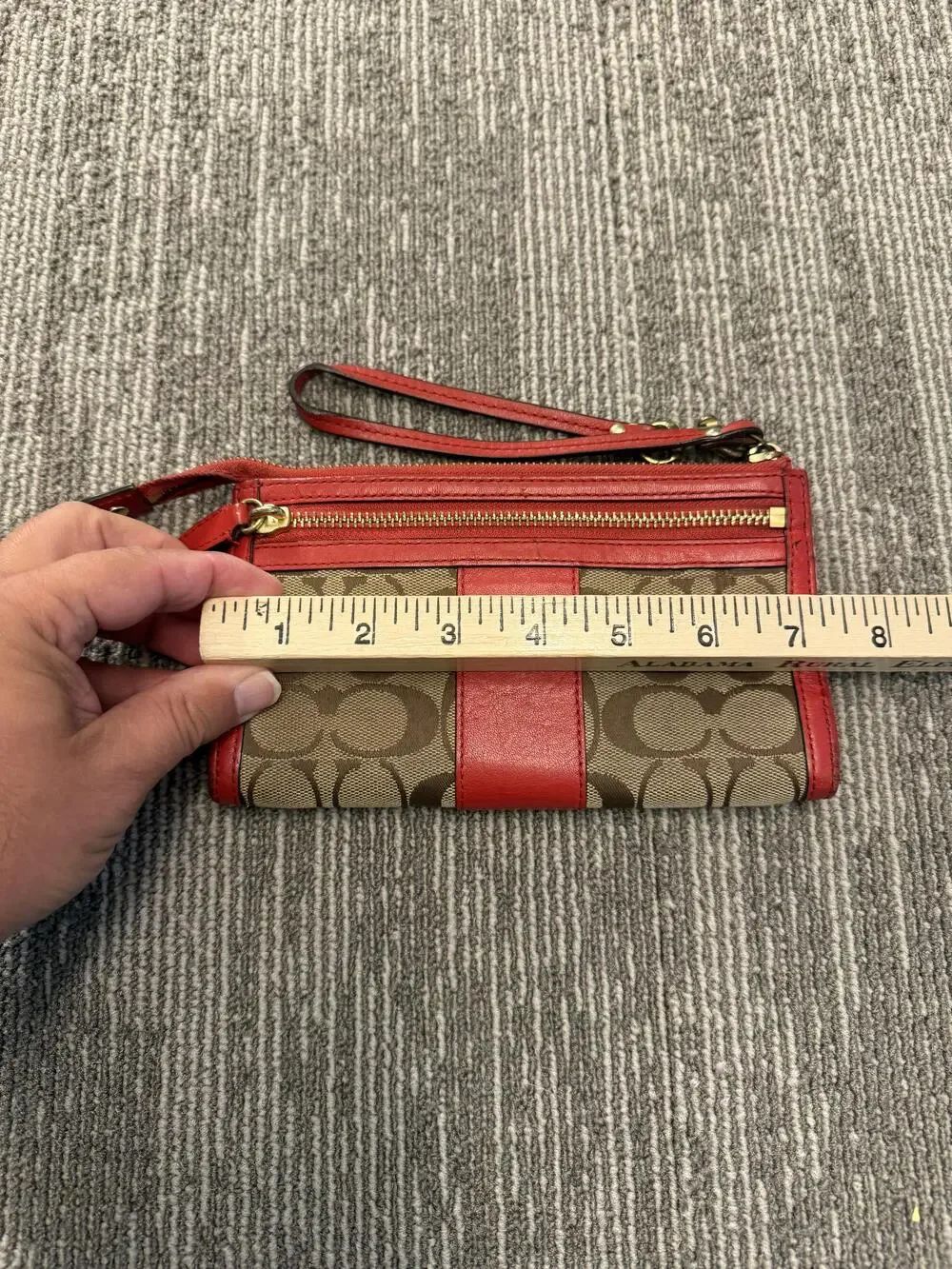 Coach Wristlet Womens One Size Brown Red Signature Canvas Leather Zip Pouch